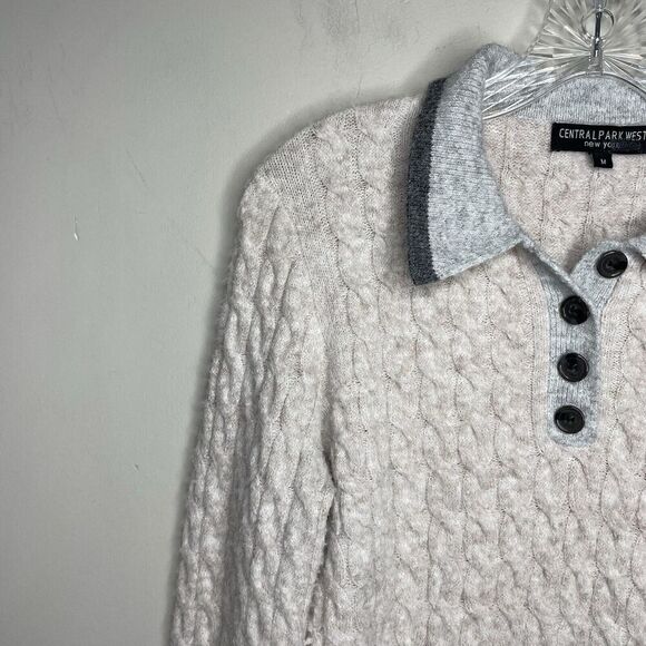 CENTRAL PARK WEST Sweater Women Medium Bobbie Polo Pullover Gray Cable Knit - Picture 5 of 16